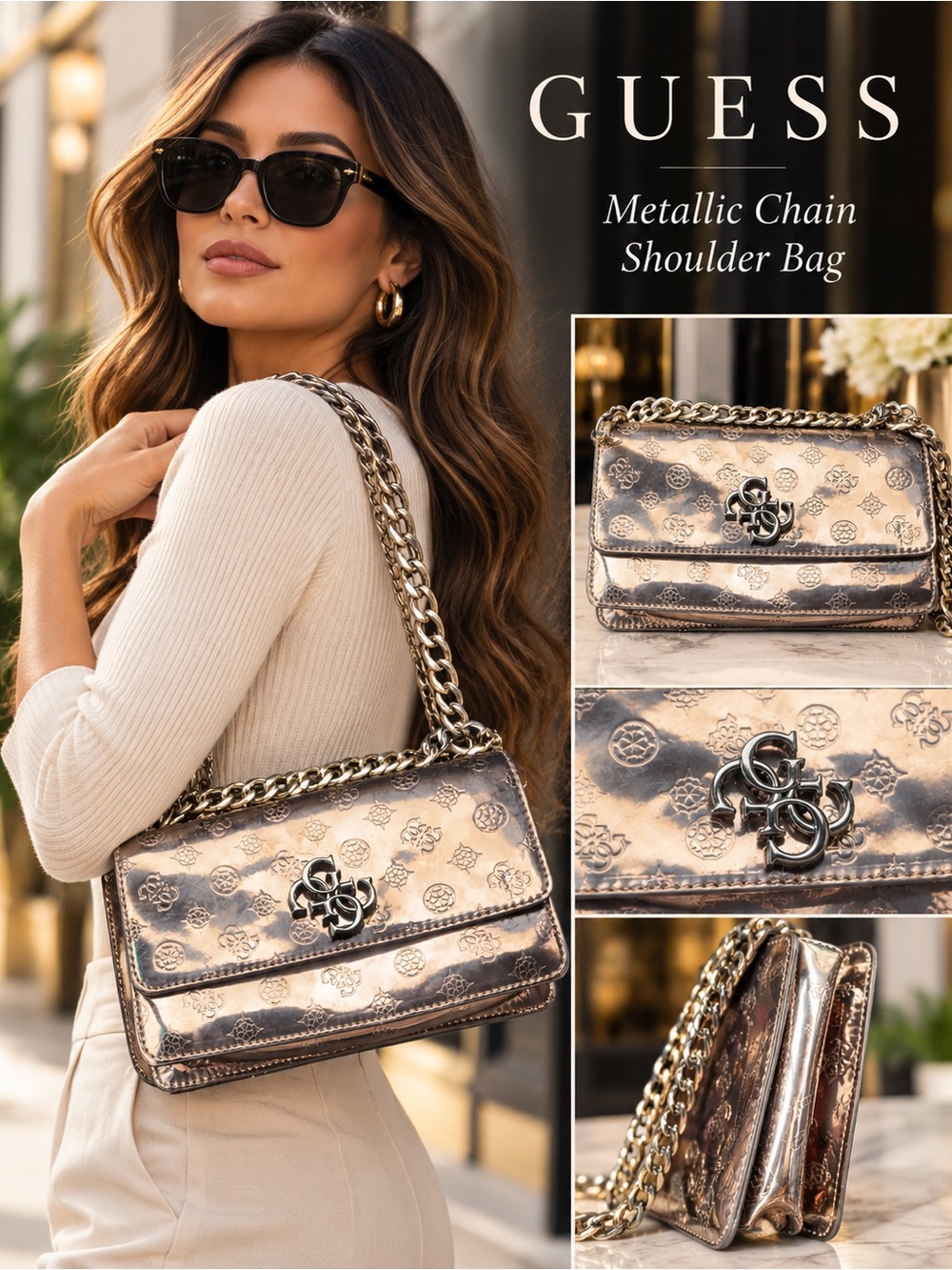 GUESS Metallic Pewter Chain Shoulder Bag